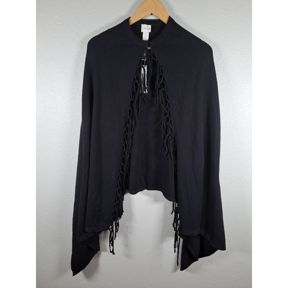 Chicos Mimi Fringe Cape Poncho Black Knit Wrap One Size NEW 570187176